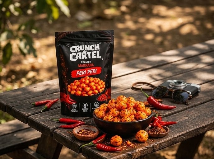 Crunch Cartel Peri Peri pack with a bowl of makhana and fresh red chillies on a wooden table
