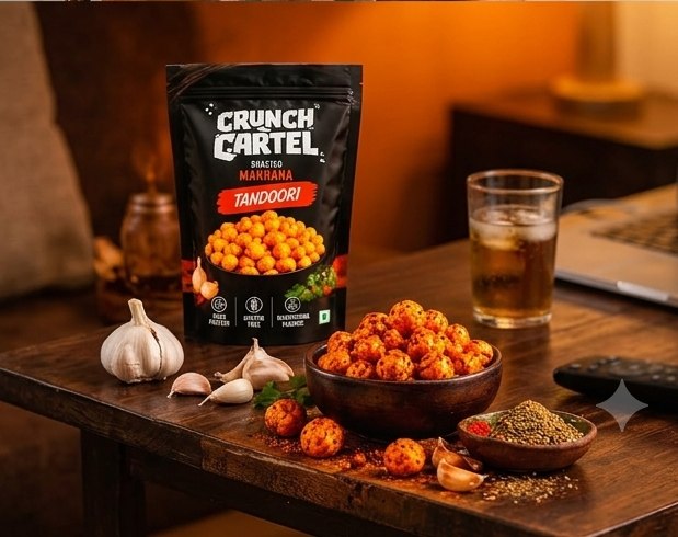 Crunch Cartel Tandoori pack with a bowl of makhana and spices on a coffee table