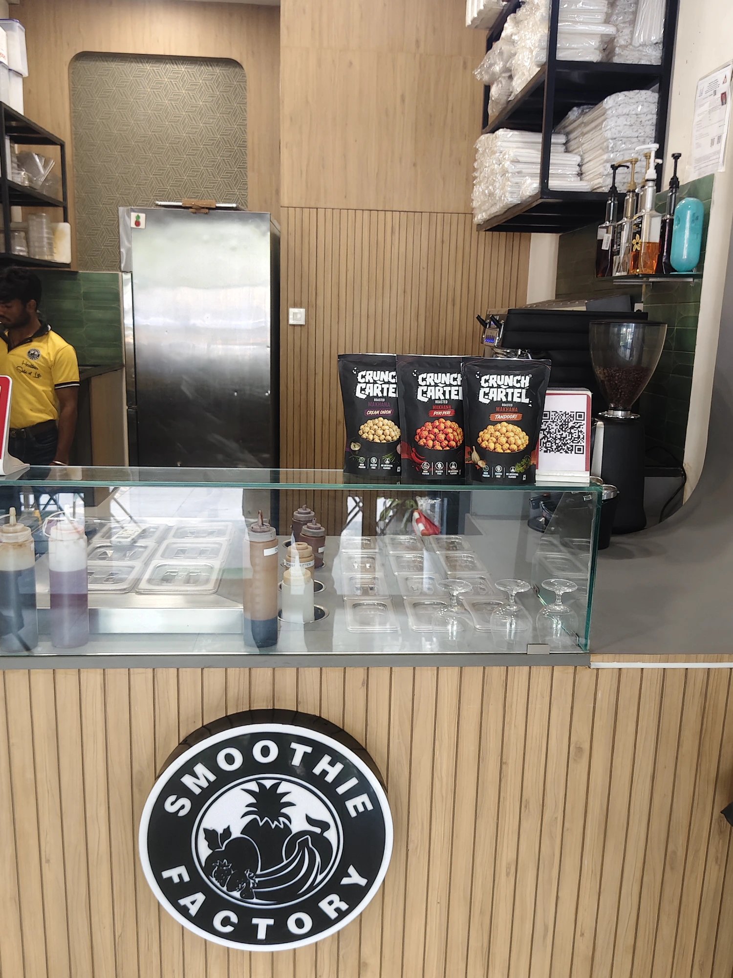 Crunch Cartel packs displayed at the Smoothie Factory counter